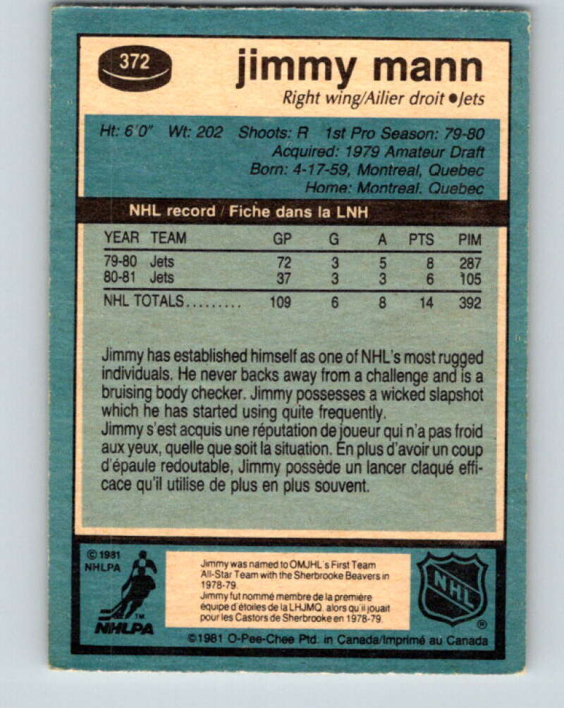 1981-82 O-Pee-Chee #372 Jimmy Mann  Winnipeg Jets  V32132