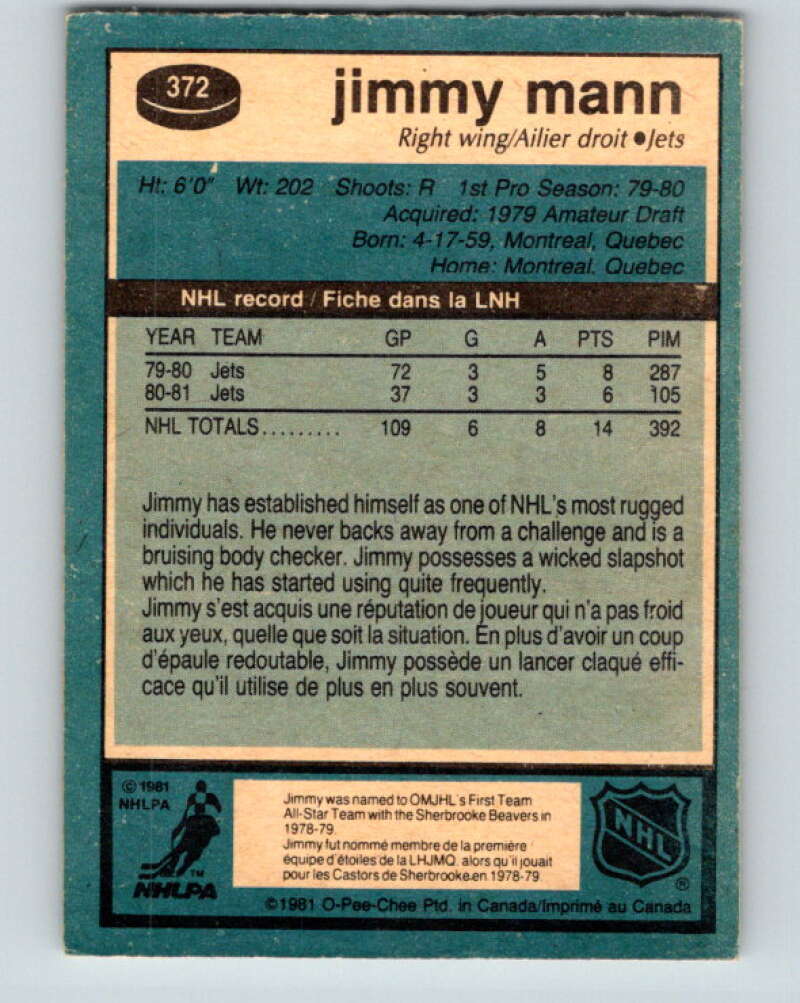 1981-82 O-Pee-Chee #372 Jimmy Mann  Winnipeg Jets  V32133