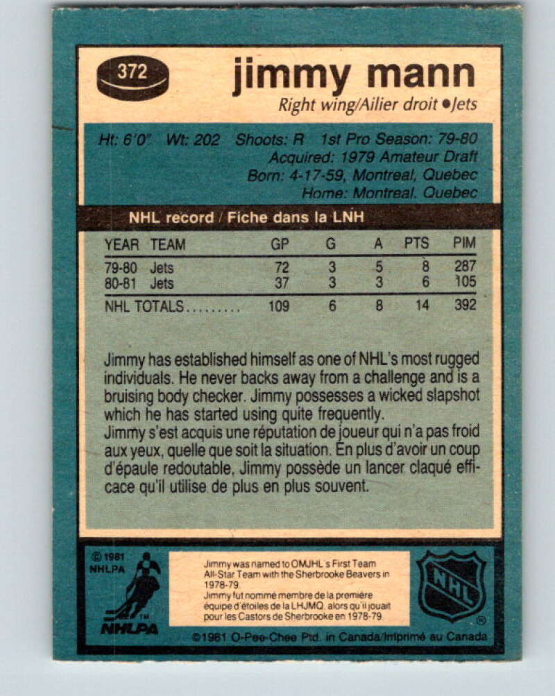 1981-82 O-Pee-Chee #372 Jimmy Mann  Winnipeg Jets  V32134