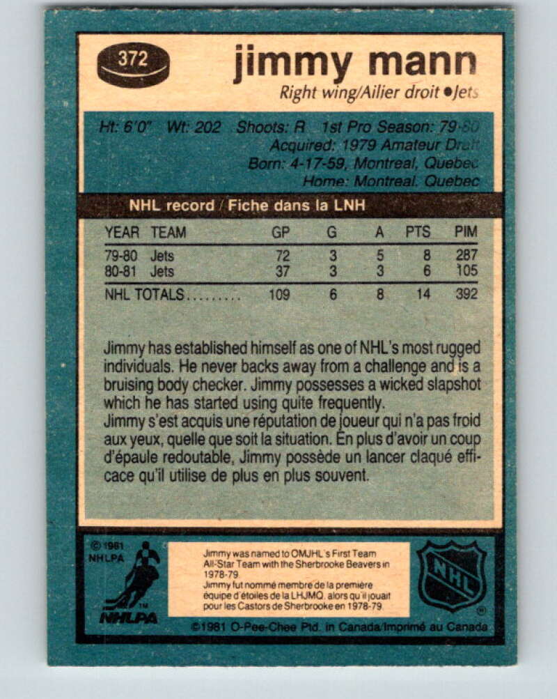 1981-82 O-Pee-Chee #372 Jimmy Mann  Winnipeg Jets  V32135