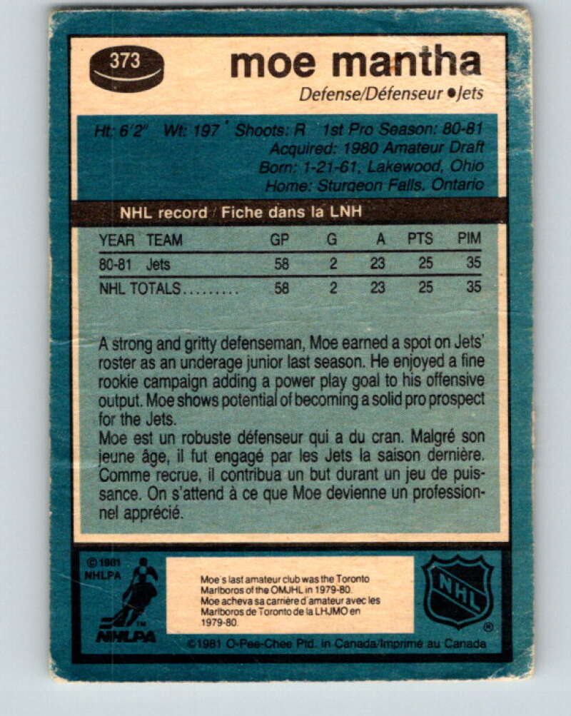 1981-82 O-Pee-Chee #373 Moe Mantha  RC Rookie Winnipeg Jets  V32137