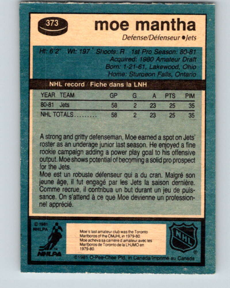 1981-82 O-Pee-Chee #373 Moe Mantha  RC Rookie Winnipeg Jets  V32139