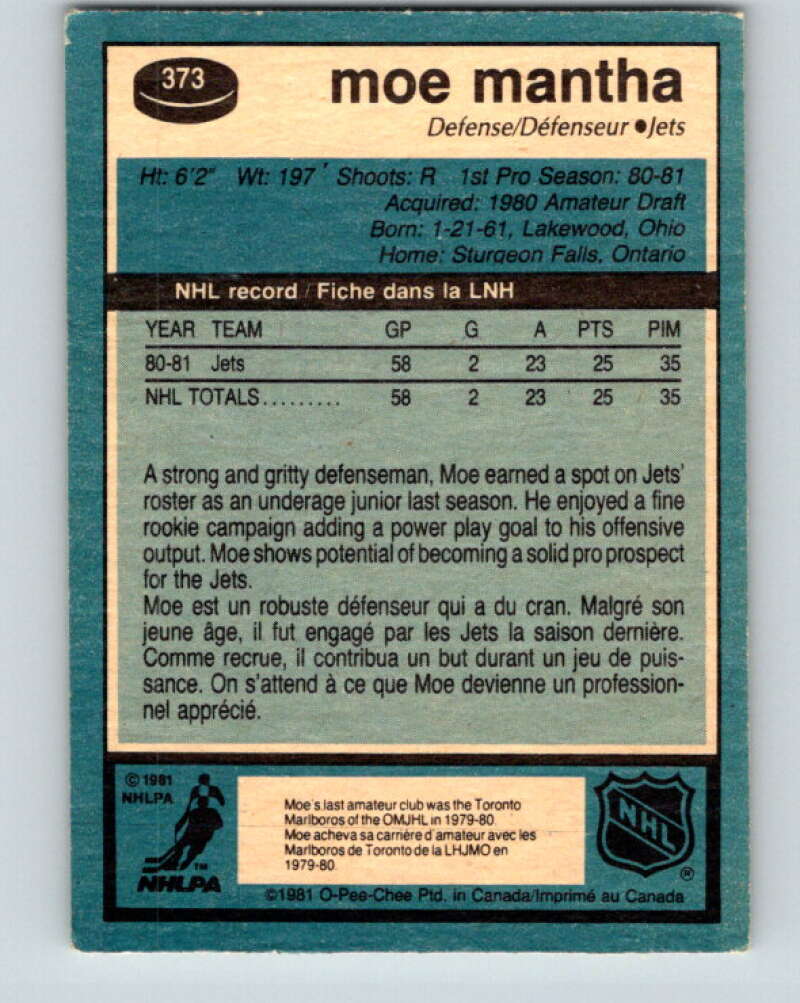 1981-82 O-Pee-Chee #373 Moe Mantha  RC Rookie Winnipeg Jets  V32140