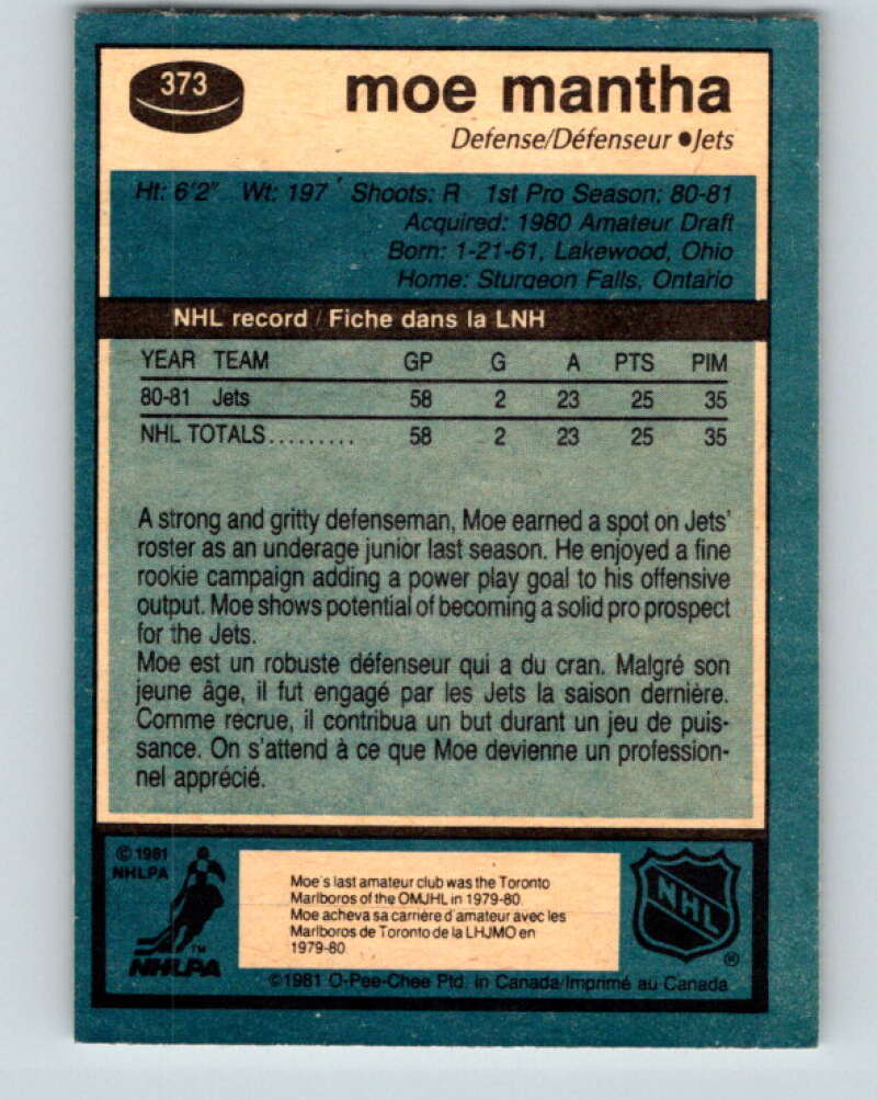 1981-82 O-Pee-Chee #373 Moe Mantha  RC Rookie Winnipeg Jets  V32143