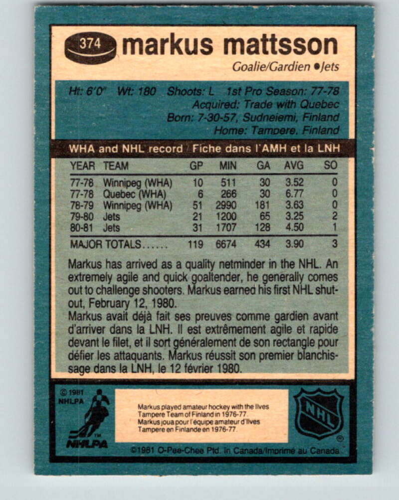 1981-82 O-Pee-Chee #374 Markus Mattsson  Winnipeg Jets  V32146