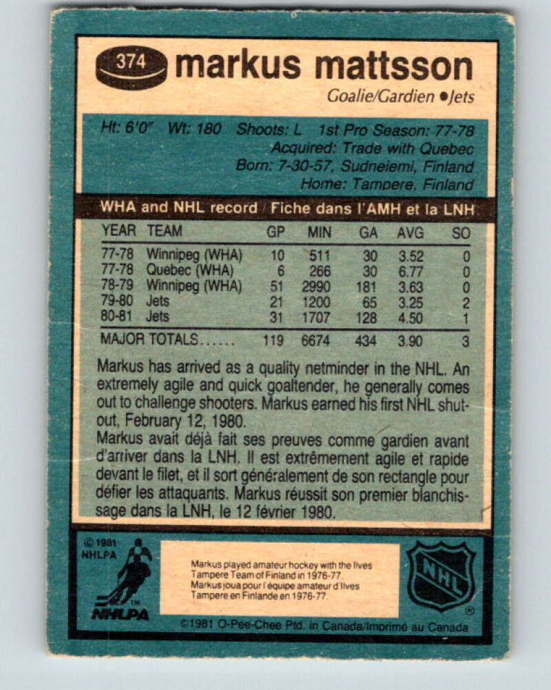 1981-82 O-Pee-Chee #374 Markus Mattsson  Winnipeg Jets  V32147