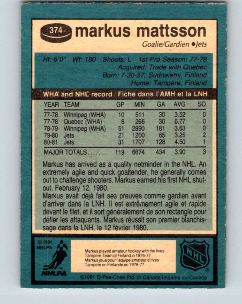 1981-82 O-Pee-Chee #374 Markus Mattsson  Winnipeg Jets  V32148