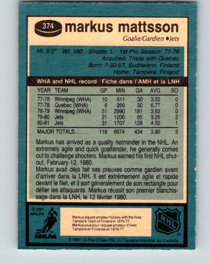 1981-82 O-Pee-Chee #374 Markus Mattsson  Winnipeg Jets  V32149