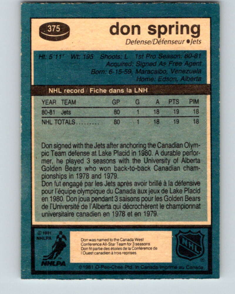 1981-82 O-Pee-Chee #375 Don Spring  RC Rookie Winnipeg Jets  V32151