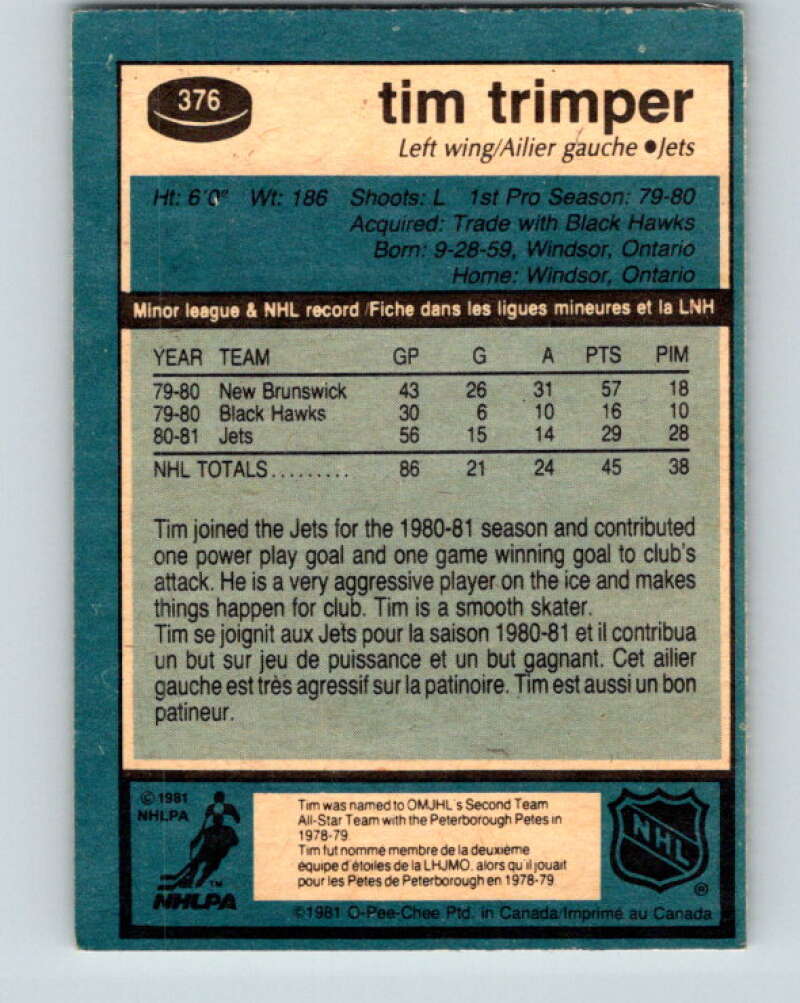 1981-82 O-Pee-Chee #376 Tim Trimper  Winnipeg Jets  V32156