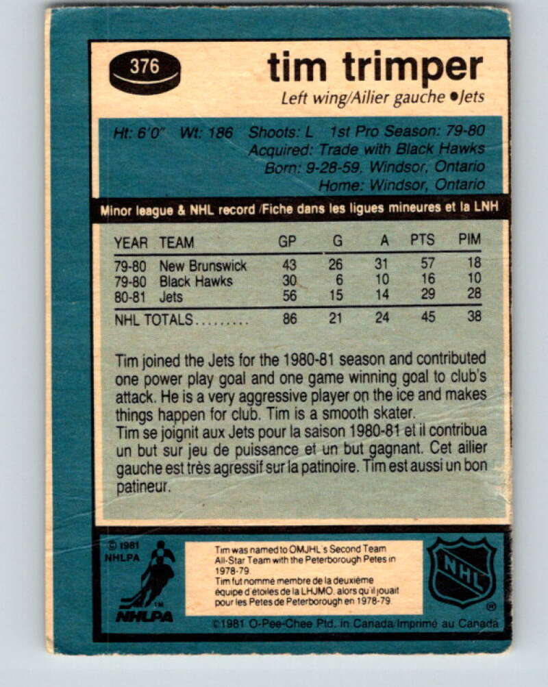 1981-82 O-Pee-Chee #376 Tim Trimper  Winnipeg Jets  V32157