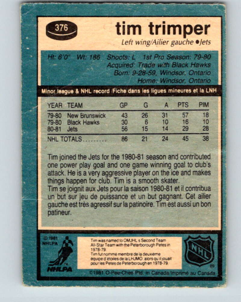 1981-82 O-Pee-Chee #376 Tim Trimper  Winnipeg Jets  V32158