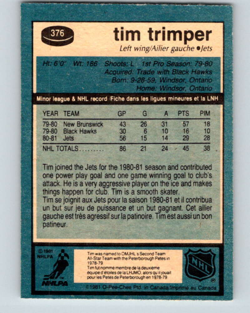 1981-82 O-Pee-Chee #376 Tim Trimper  Winnipeg Jets  V32160