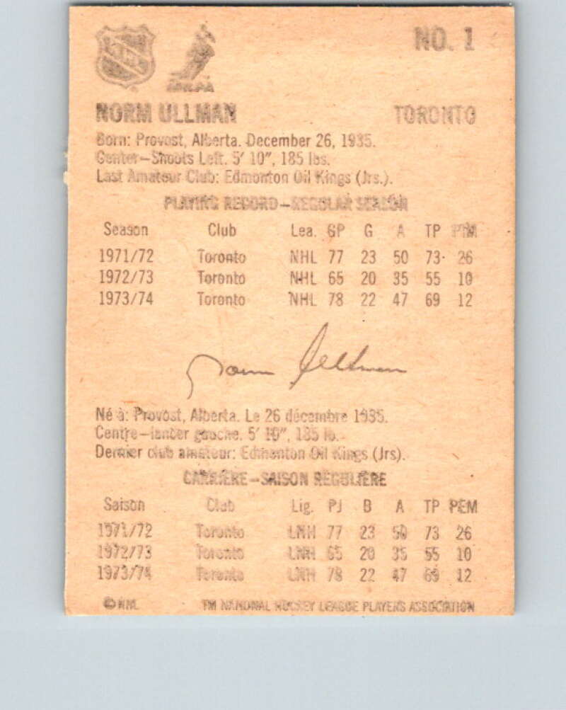 1974-75 Lipton Soup #1 Norm Ullman  Toronto Maple Leafs  V32162