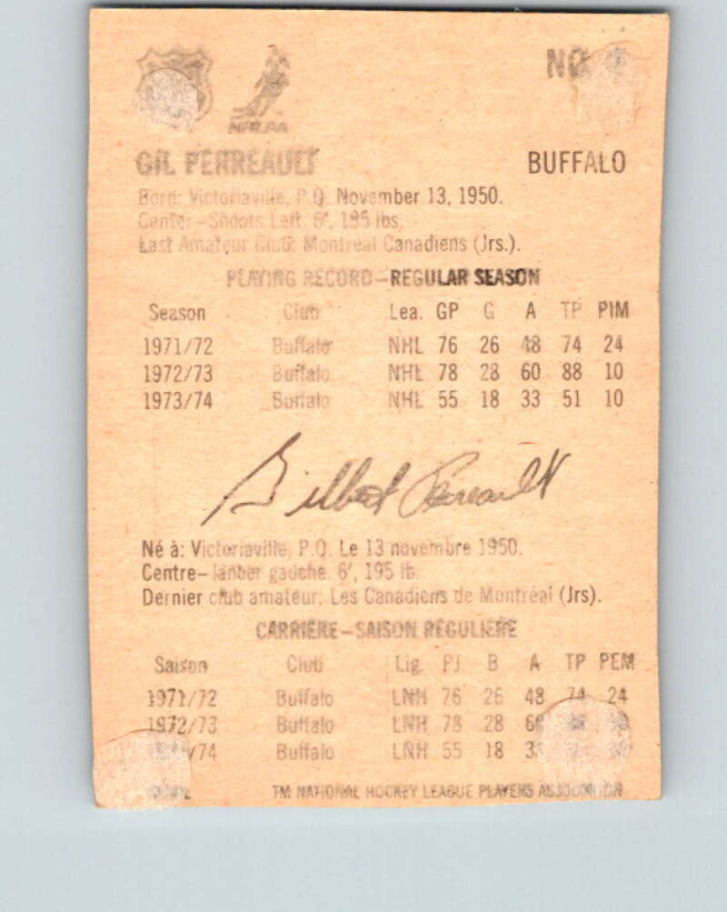 1974-75 Lipton Soup #2 Gilbert Perreault  Buffalo Sabres  V32165