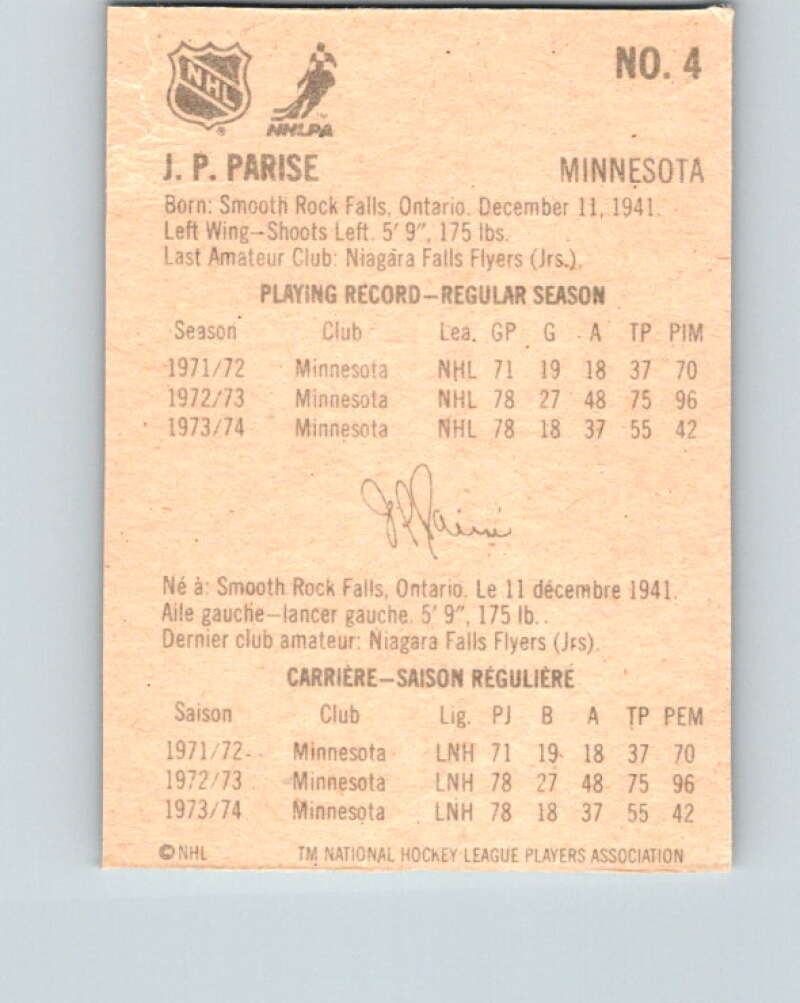 1974-75 Lipton Soup #4 J.P. Parise  Minnesota North Stars  V32169