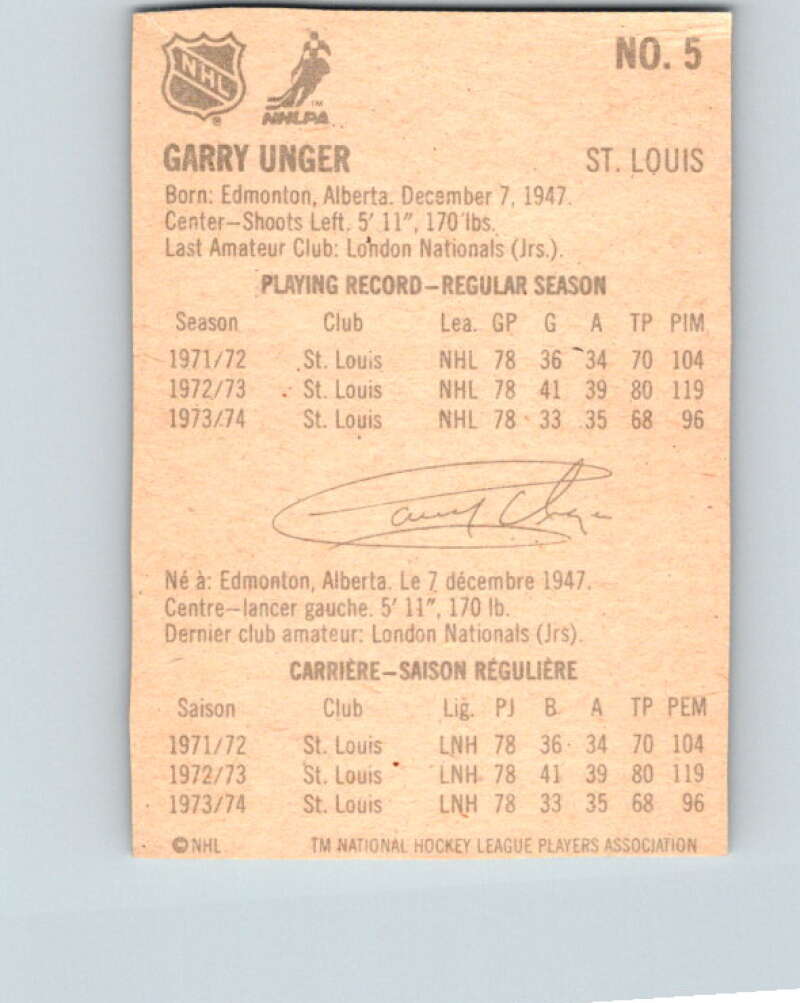 1974-75 Lipton Soup #5 Garry Unger  St. Louis Blues  V32174