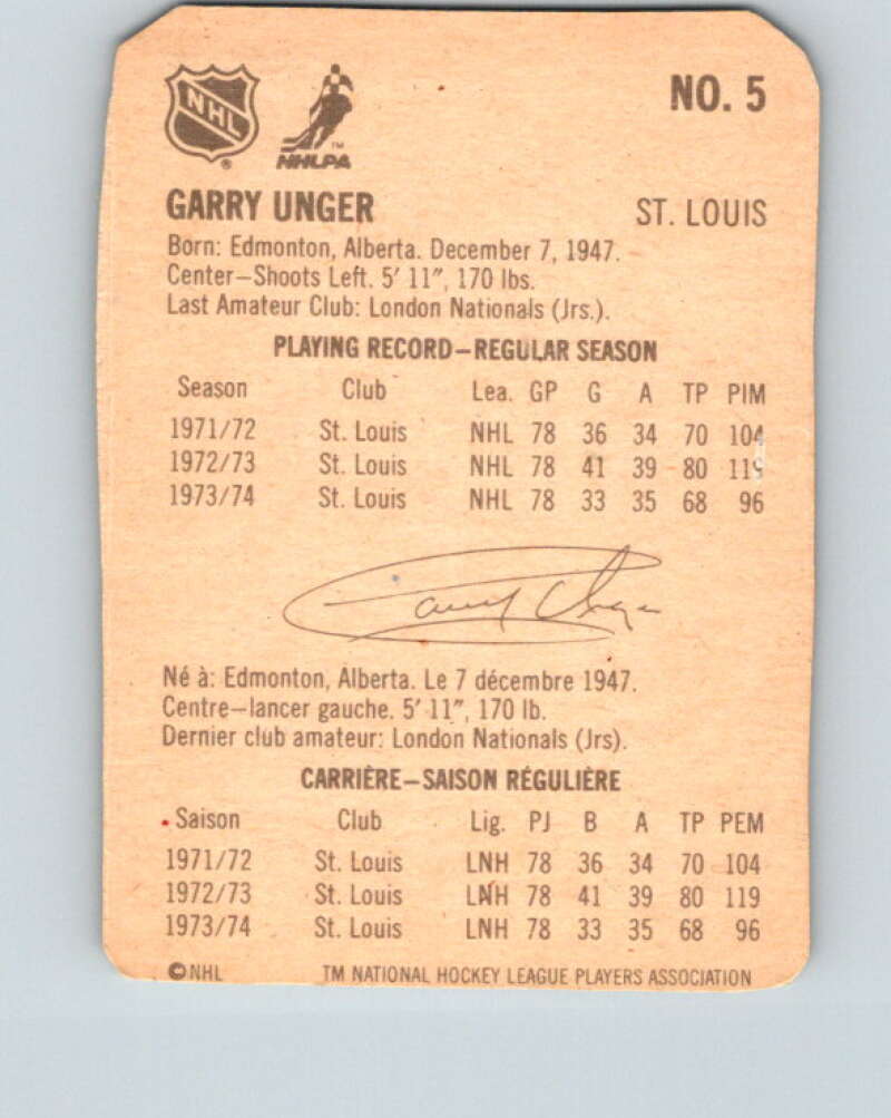 1974-75 Lipton Soup #5 Garry Unger  St. Louis Blues  V32175