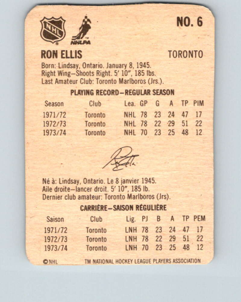 1974-75 Lipton Soup #6 Ron Ellis  Toronto Maple Leafs  V32176