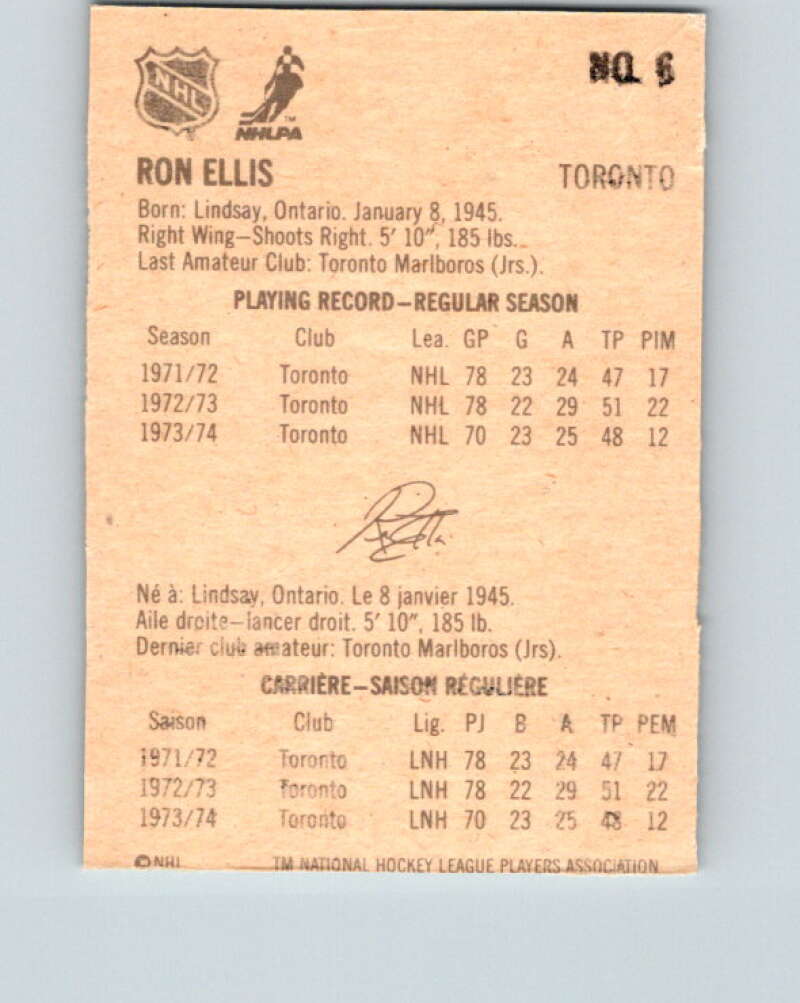 1974-75 Lipton Soup #6 Ron Ellis  Toronto Maple Leafs  V32177