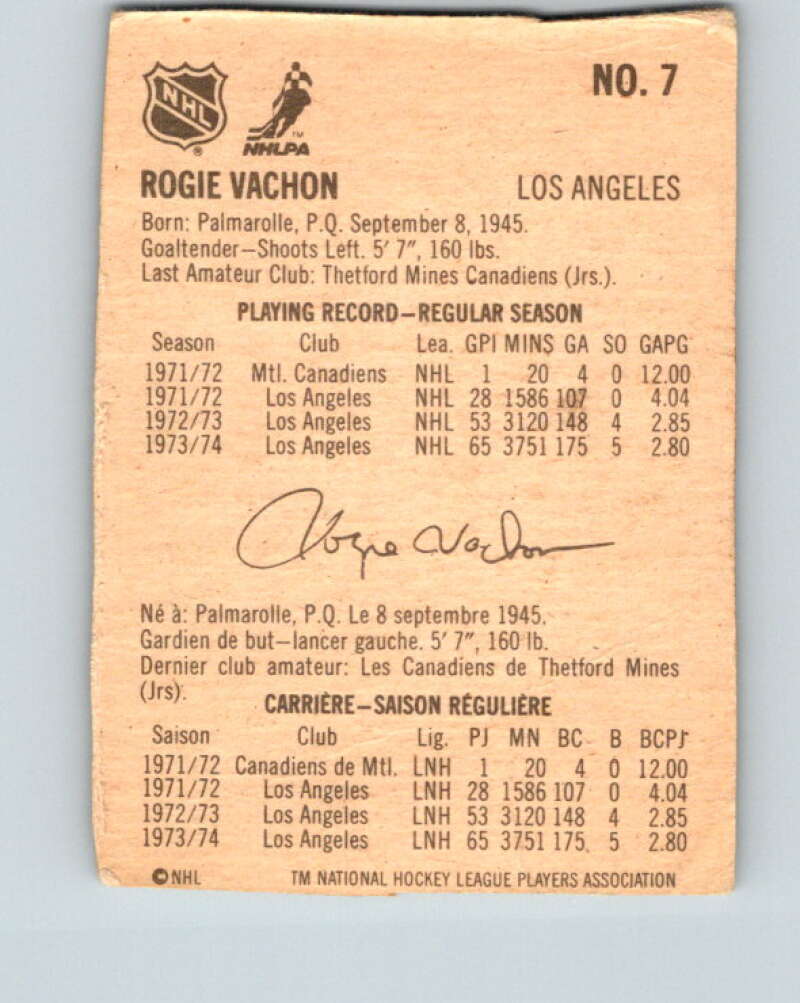 1974-75 Lipton Soup #7 Rogie Vachon UER  Los Angeles Kings  V32180