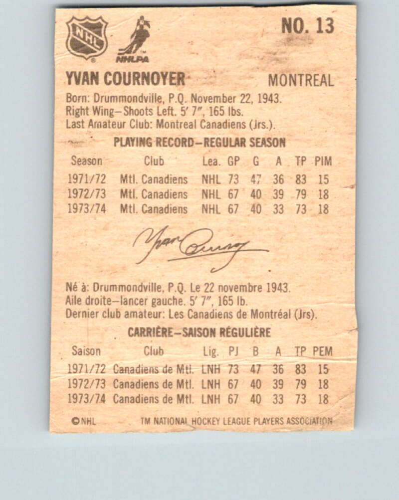 1974-75 Lipton Soup #13 Yvan Cournoyer  Montreal Canadiens  V32194