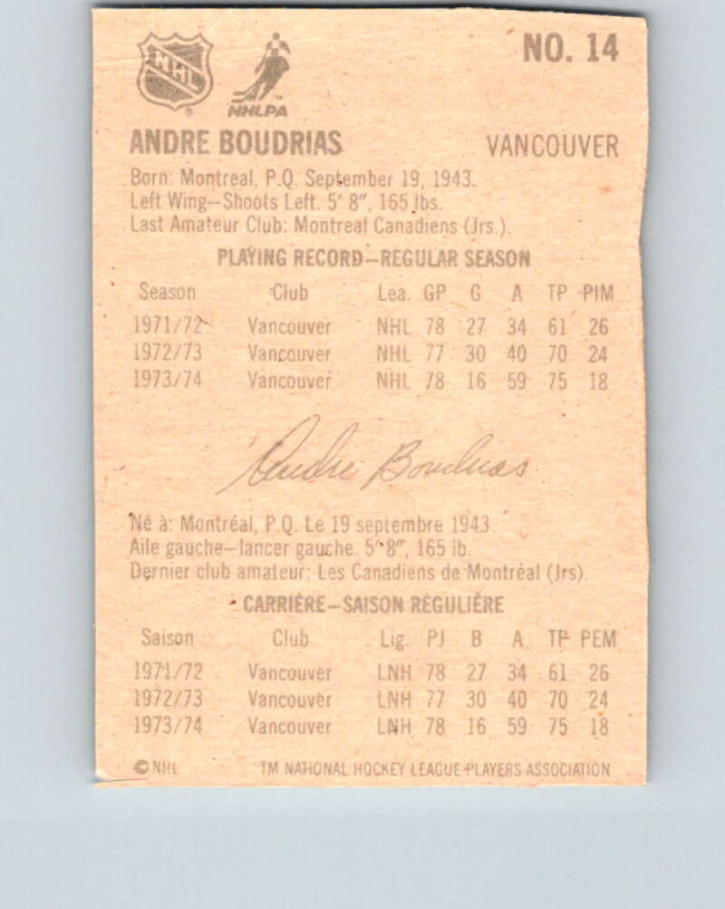 1974-75 Lipton Soup #14 Andre Boudrias  Vancouver Canucks  V32195
