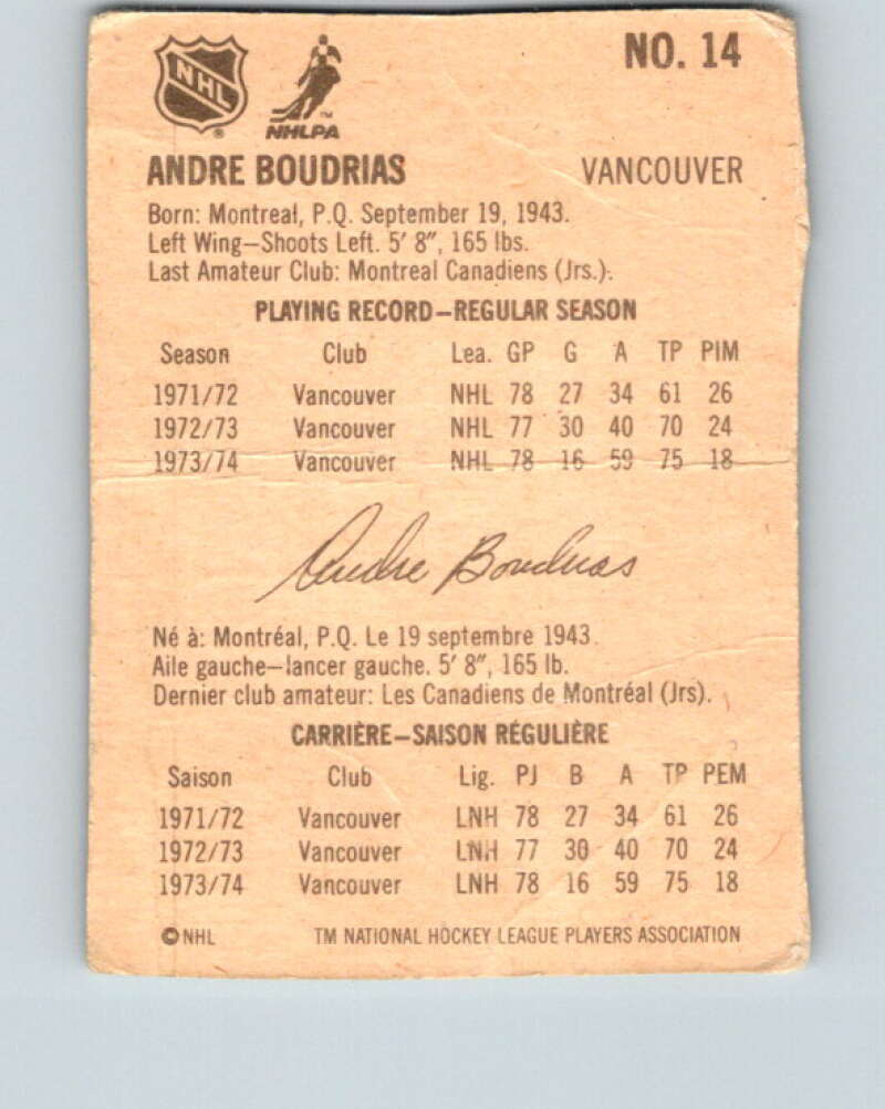1974-75 Lipton Soup #14 Andre Boudrias  Vancouver Canucks  V32196