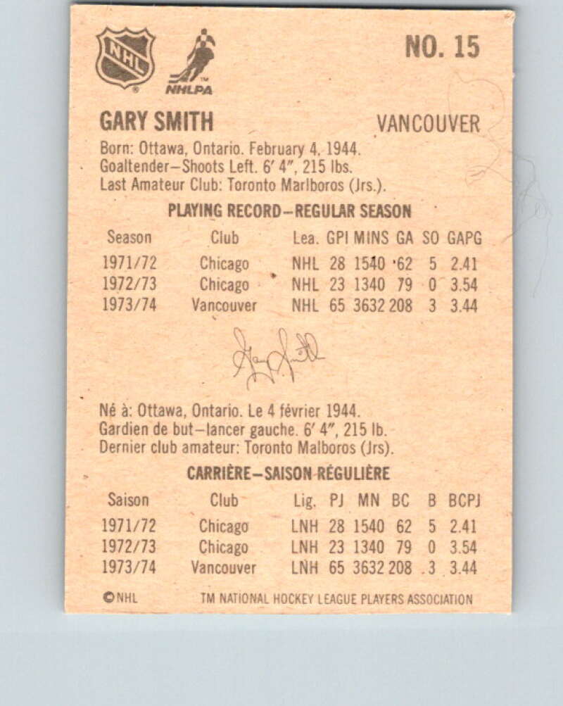 1974-75 Lipton Soup #15 Gary Smith  Vancouver Canucks  V32198