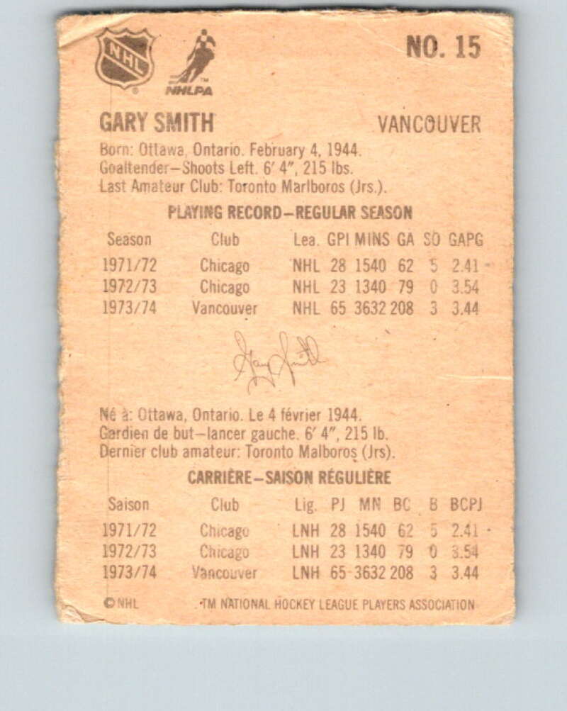 1974-75 Lipton Soup #15 Gary Smith  Vancouver Canucks  V32199