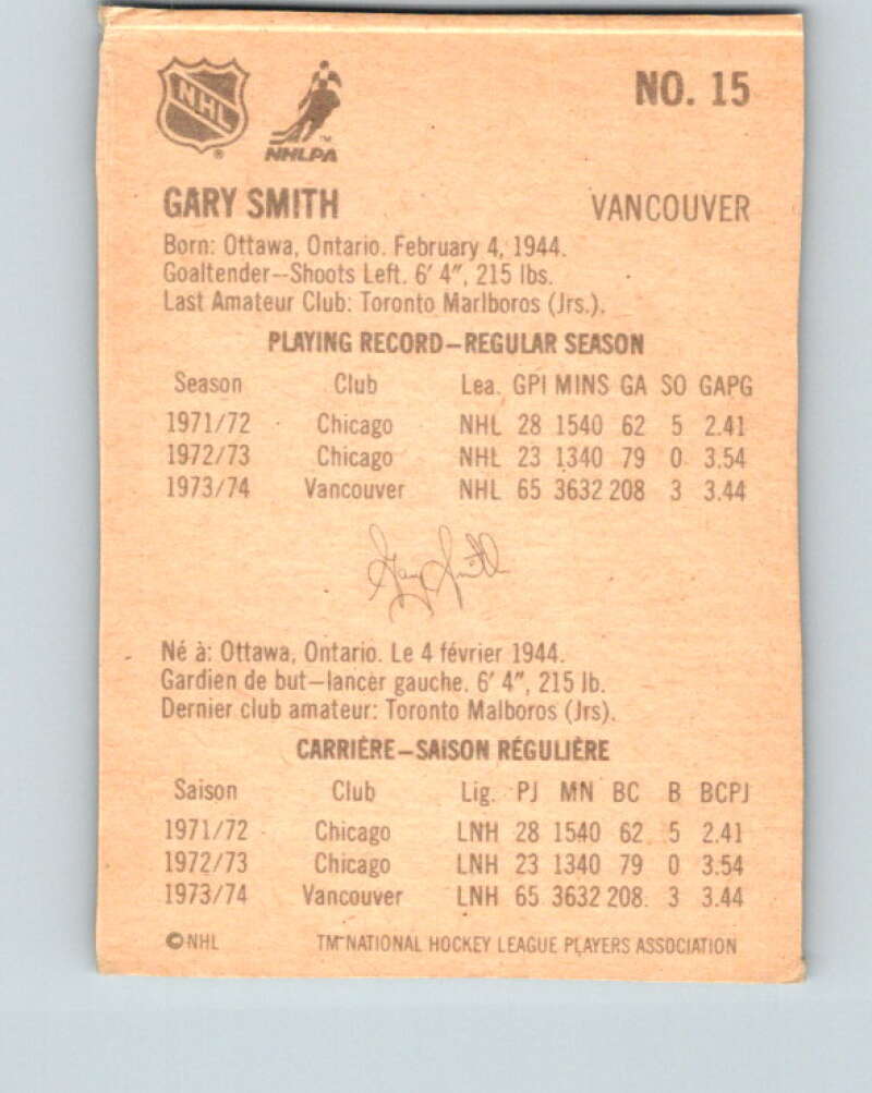 1974-75 Lipton Soup #15 Gary Smith  Vancouver Canucks  V32200