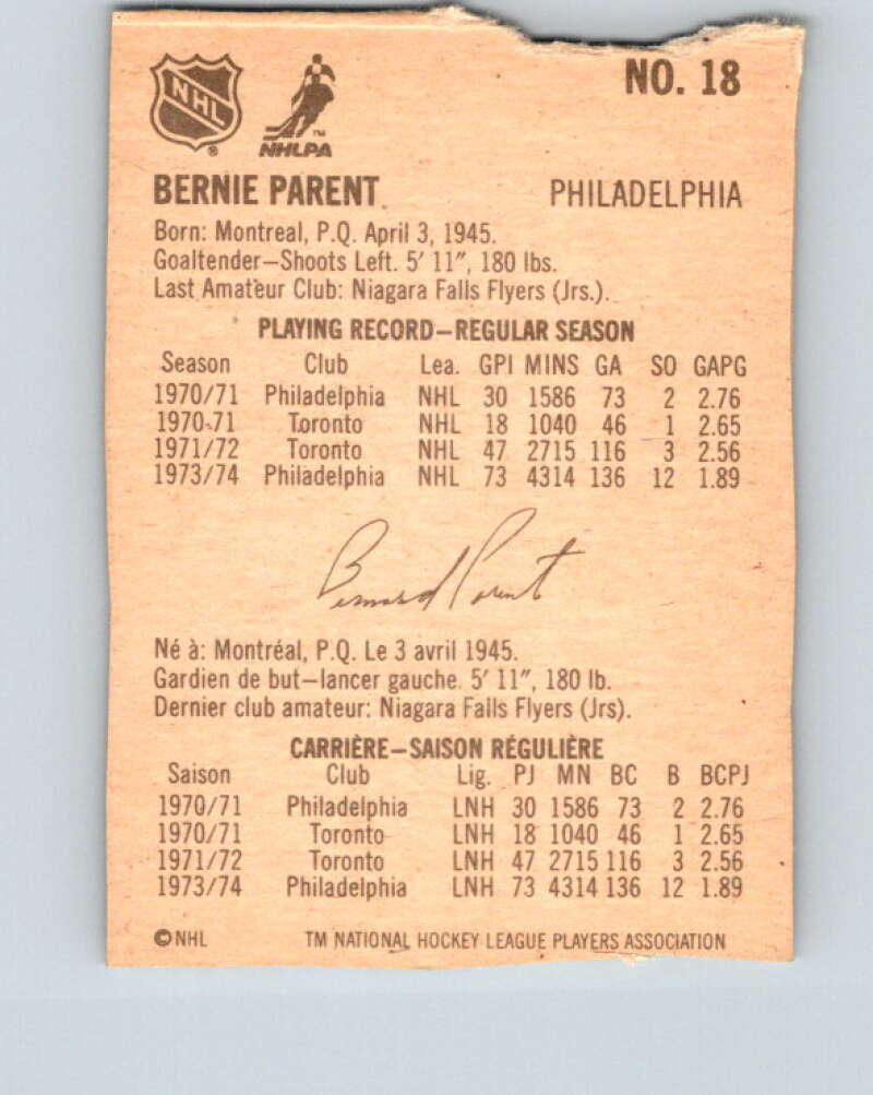 1974-75 Lipton Soup #18 Bernie Parent  Philadelphia Flyers  V32210