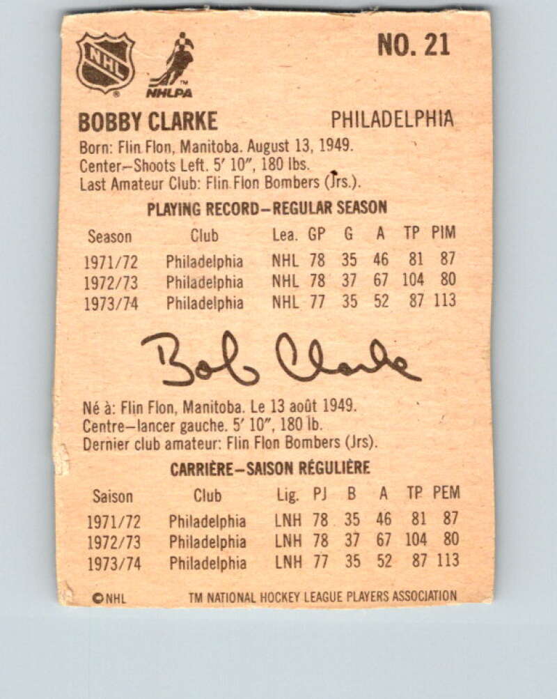 1974-75 Lipton Soup #21 Bobby Clarke  Philadelphia Flyers  V32215