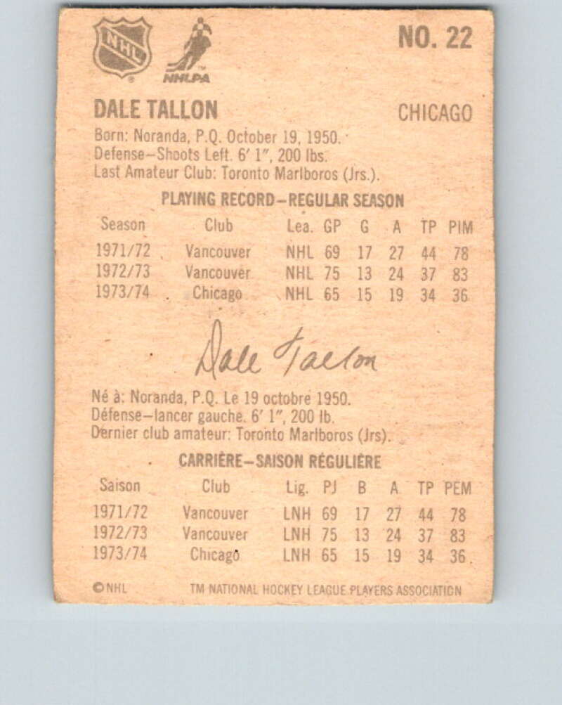1974-75 Lipton Soup #22 Dale Tallon  Chicago Blackhawks  V32218