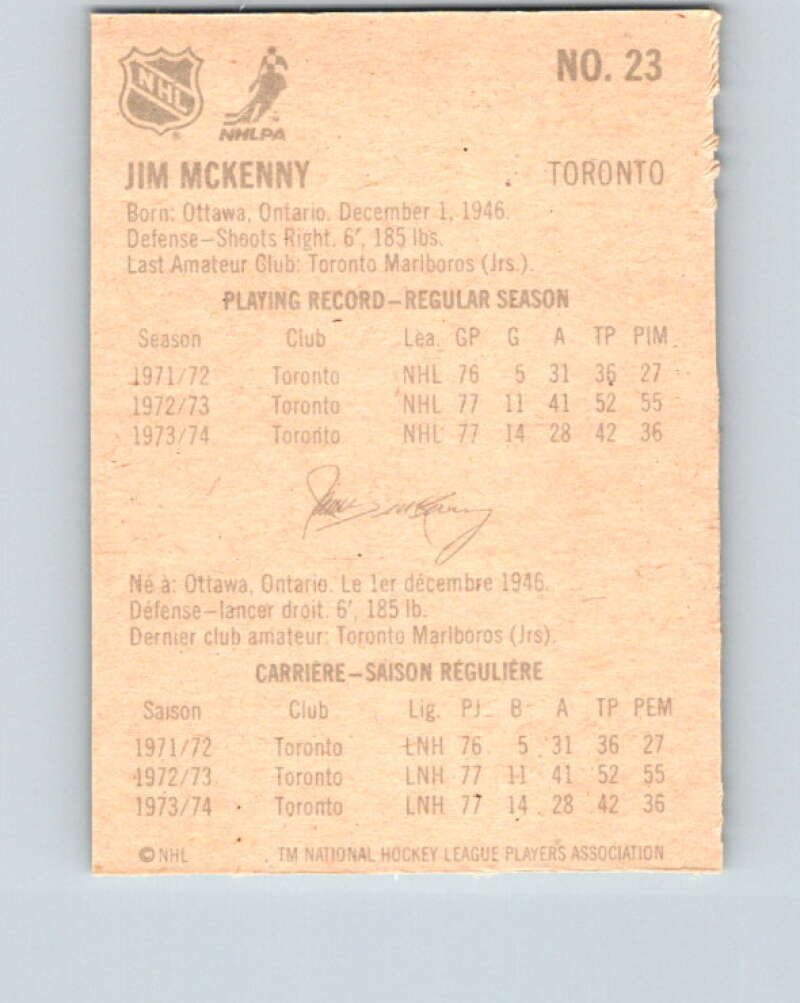 1974-75 Lipton Soup #23 Jim McKenny  Toronto Maple Leafs  V32221