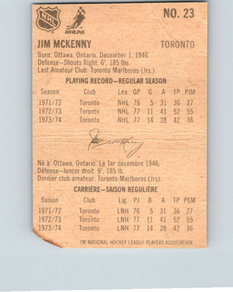 1974-75 Lipton Soup #23 Jim McKenny  Toronto Maple Leafs  V32222