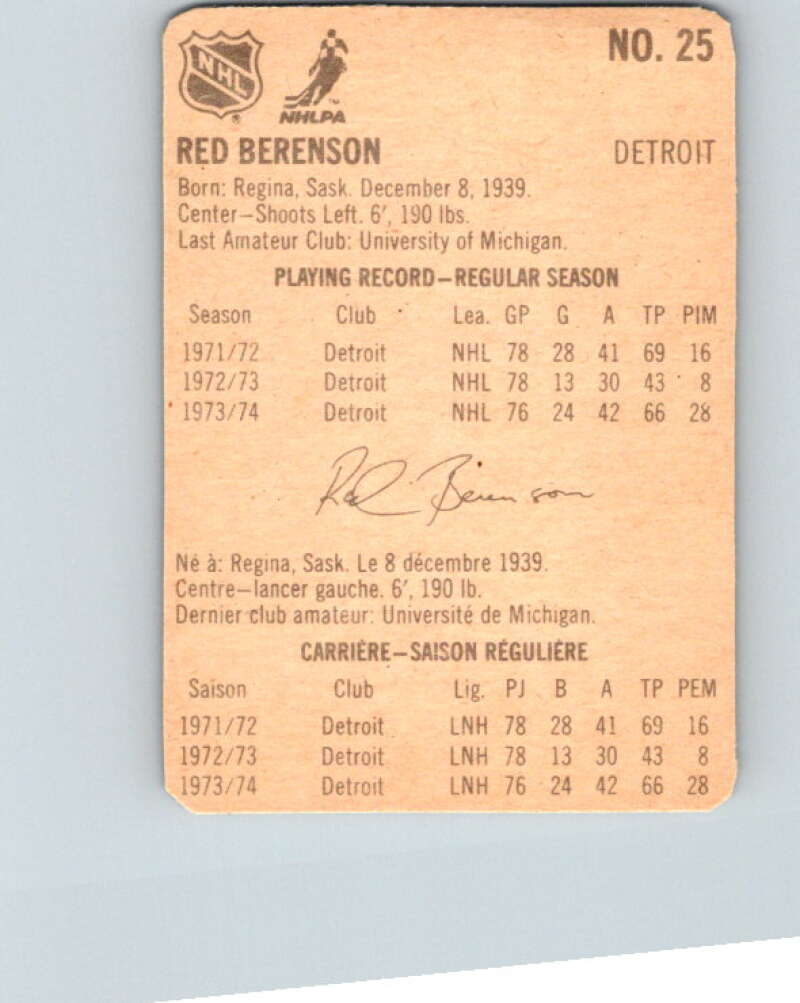 1974-75 Lipton Soup #25 Red Berenson  Detroit Red Wings  V32227