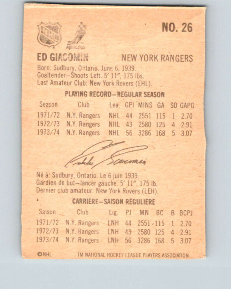 1974-75 Lipton Soup #26 Ed Giacomin  New York Rangers  V32231