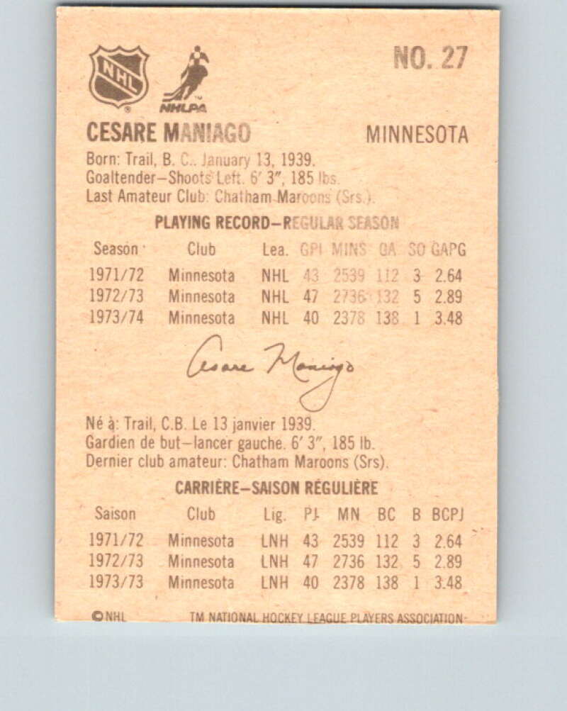 1974-75 Lipton Soup #27 Cesare Maniago  Minnesota North Stars  V32232