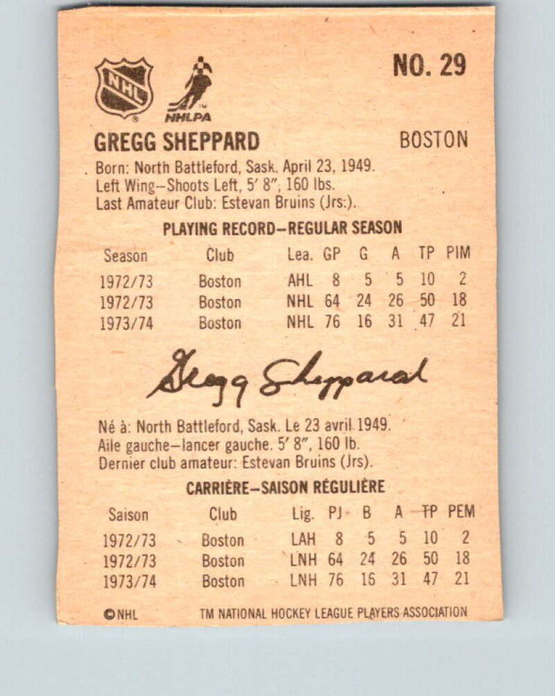 1974-75 Lipton Soup #29 Gregg Sheppard  Boston Bruins  V32241