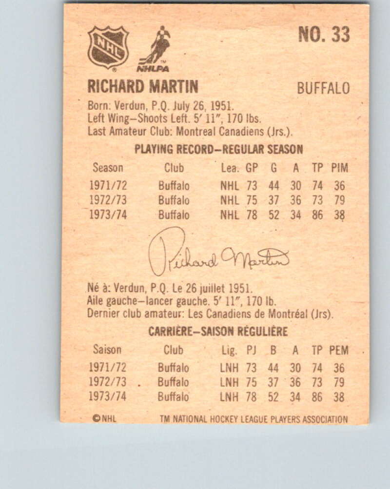 1974-75 Lipton Soup #33 Rick Martin  Buffalo Sabres  V32250