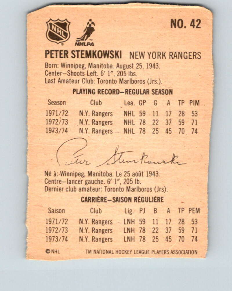 1974-75 Lipton Soup #42 Peter Stemkowski  New York Rangers  V32272