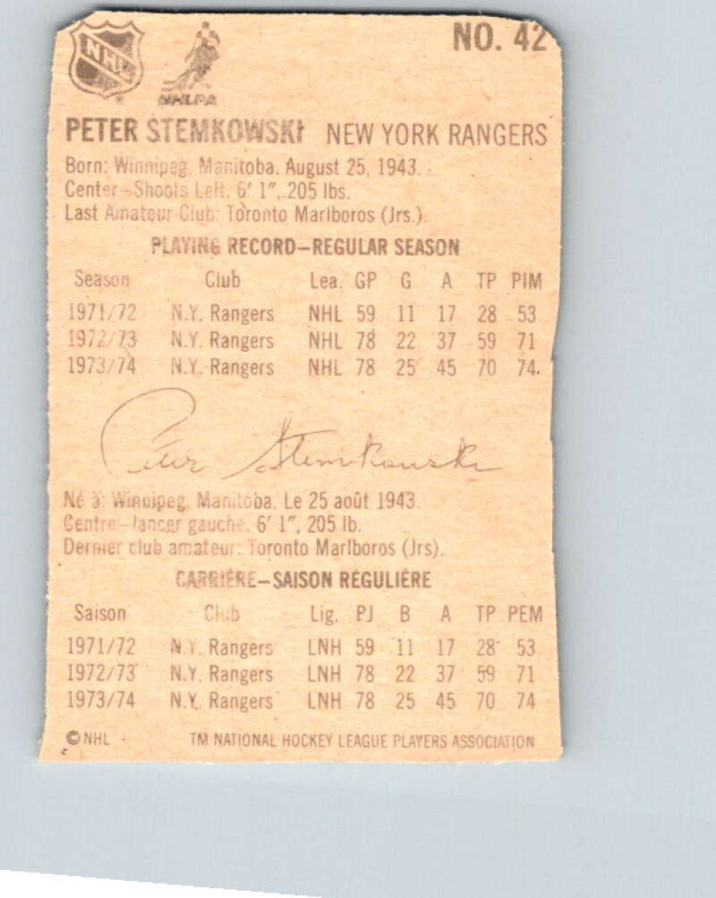 1974-75 Lipton Soup #42 Peter Stemkowski  New York Rangers  V32273