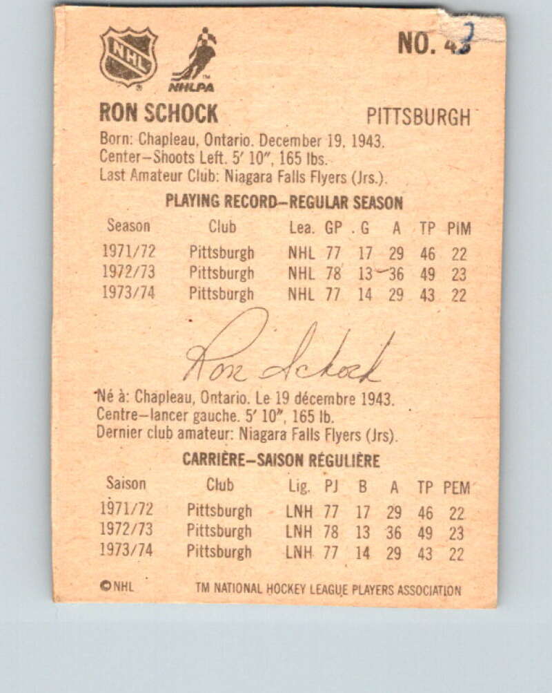 1974-75 Lipton Soup #43 Ron Schock  Pittsburgh Penguins  V32276