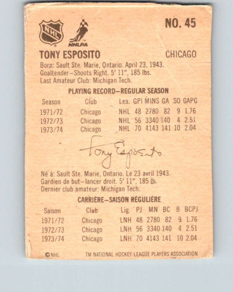 1974-75 Lipton Soup #45 Tony Esposito  Chicago Blackhawks  V32279