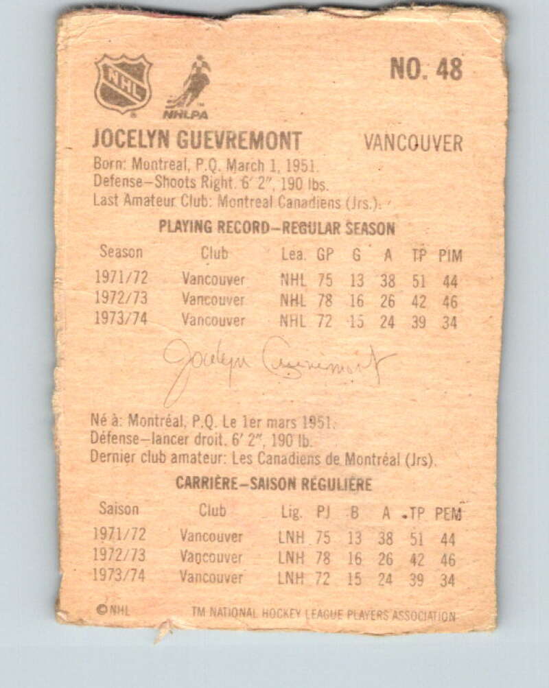 1974-75 Lipton Soup #48 Jocelyn Guevremont  Vancouver Canucks  V32288