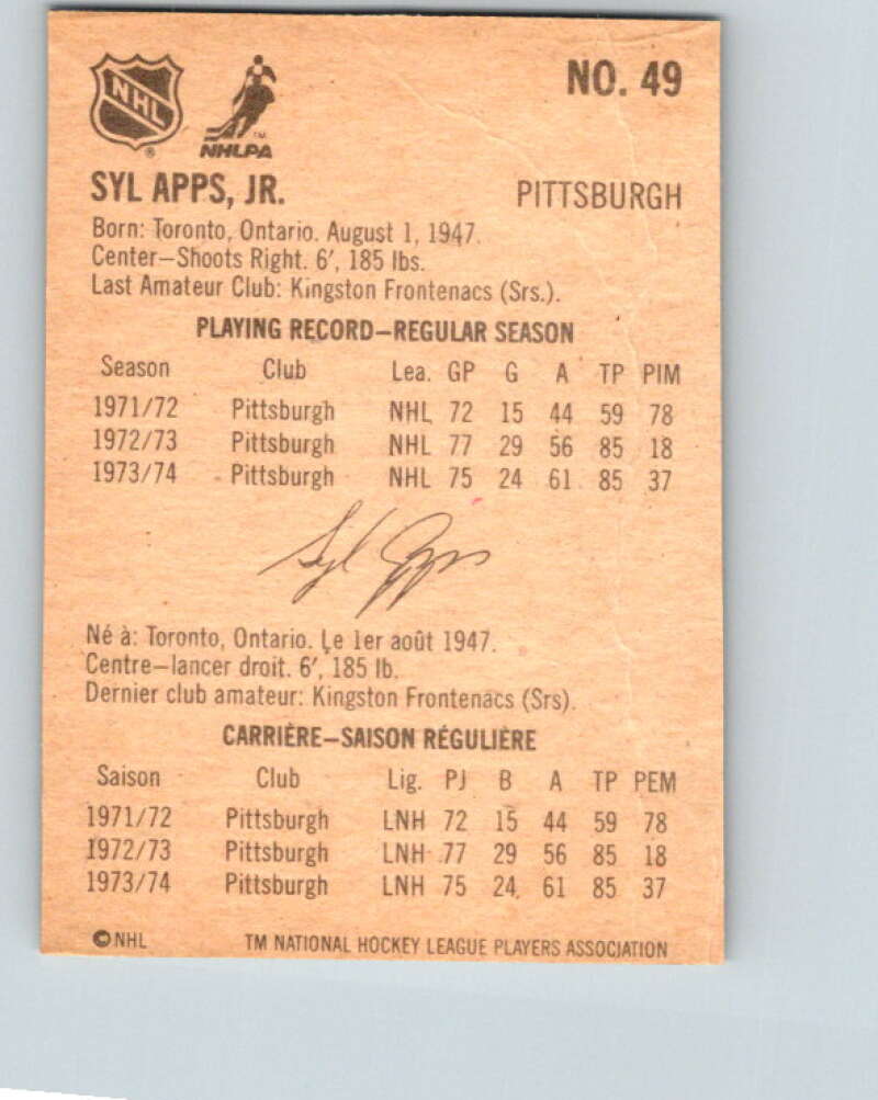1974-75 Lipton Soup #49 Syl Apps Jr.  Pittsburgh Penguins  V32290