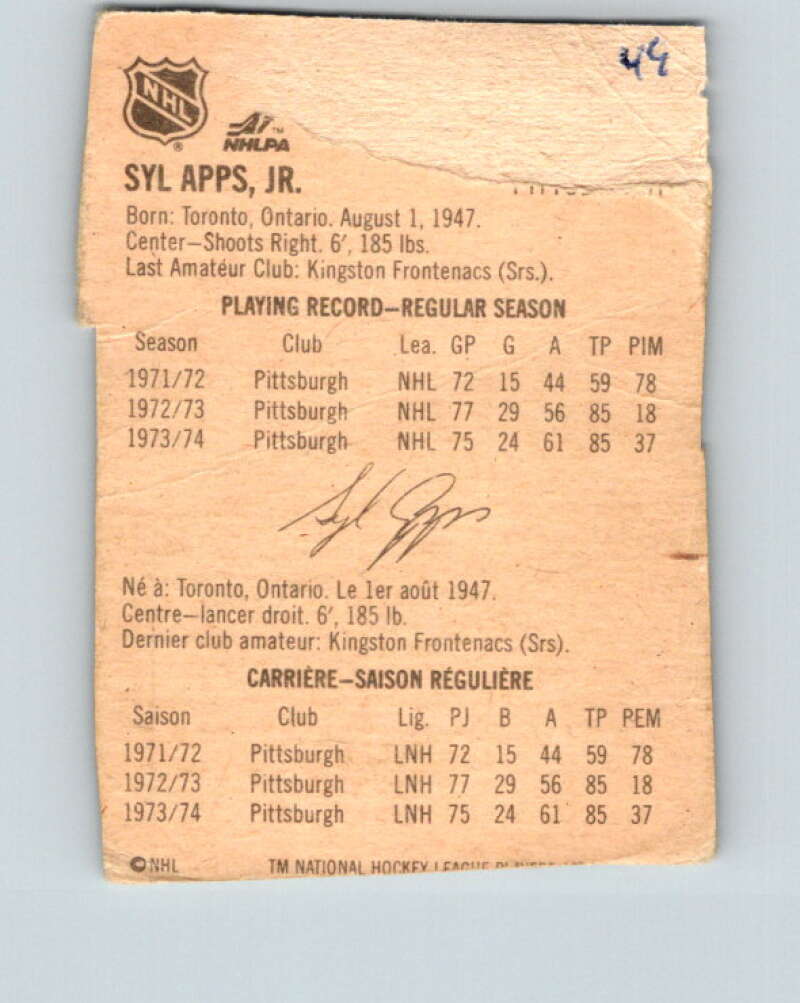 1974-75 Lipton Soup #49 Syl Apps Jr.  Pittsburgh Penguins  V32292
