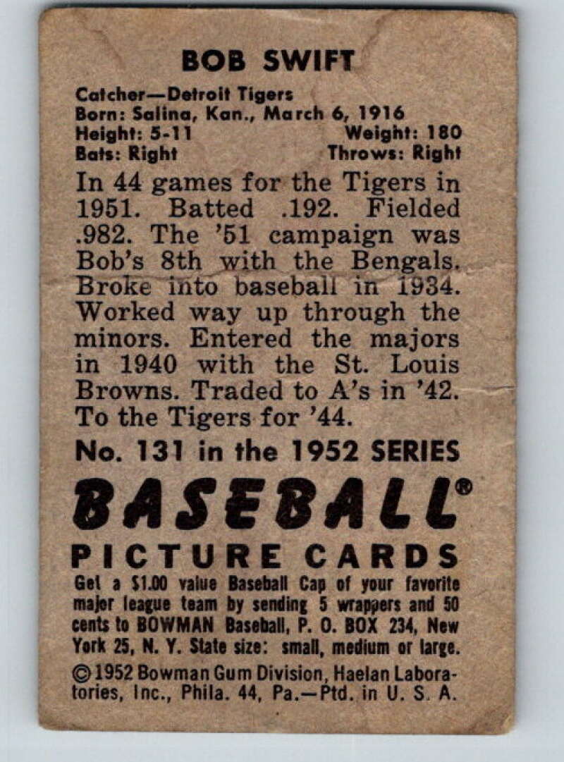 1952 Bowman #131 Bob Swift  Detroit Tigers  V32313