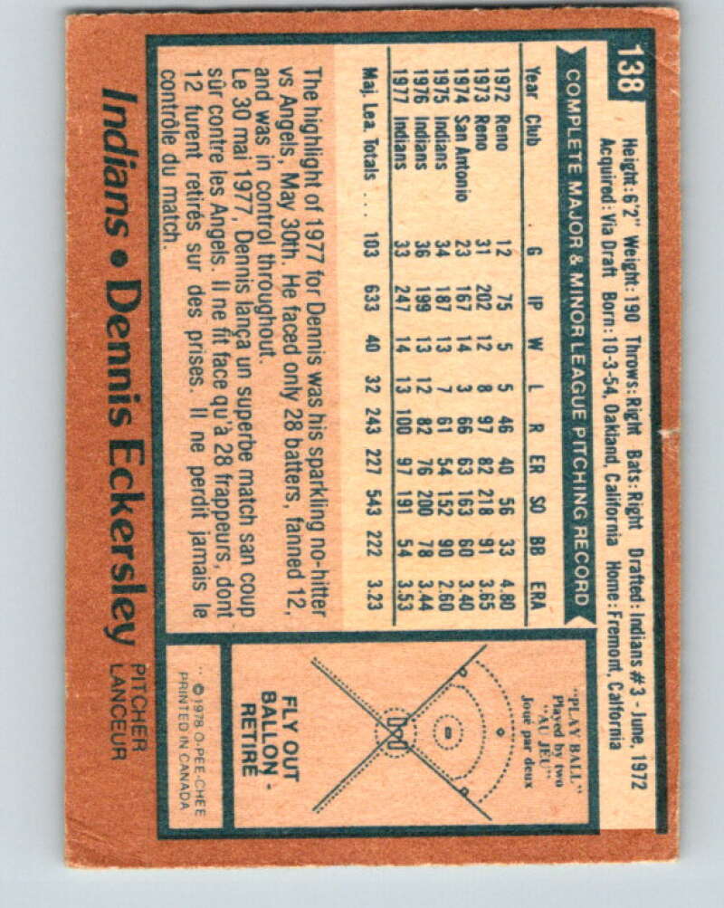 1978 O-Pee-Chee #138 Dennis Eckersley  Cleveland Indians  V32365